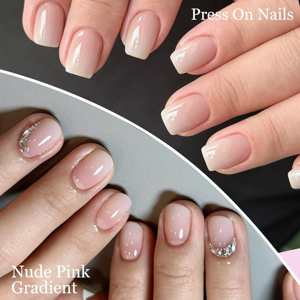 120 pcs faux ongles rose chair avec colle à ongles – 12 tailles courtes ovales carrées à presser – beaux ongles, colle sur ongles artificiels – convient pour la conception d'ongles DIY des femmes (dégradé rose Squaval)