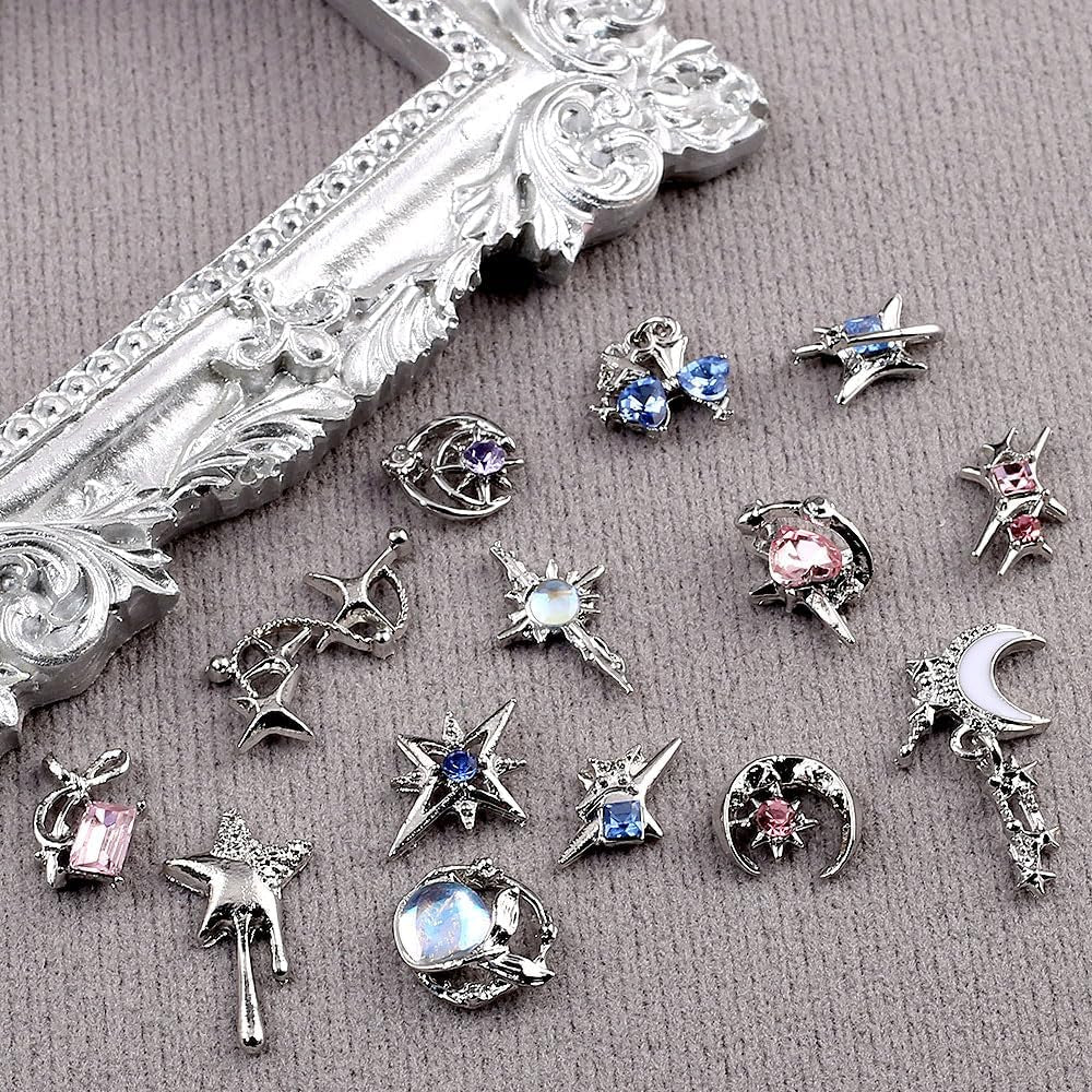 16 Stile Luxus Mond Stern Nagel Charms 3D Nail Charms Y2K Legierung Strasssteine Bogen Schmetterling Nagel Schmuck Metall Nail Art Charms Nägel Glitzersteine Nailart Rhinestones Nageldesign Zubehör