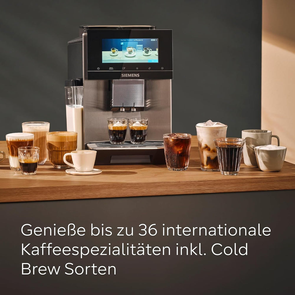 SIEMENS EQ900 TQ905D03 machine à expresso entièrement automatique, contrôle par application, écran tactile complet, mode barista, réduction du bruit, jusqu'à 10 profils, broyeur premium, nettoyage vapeur automatique, 1500 W, acier inoxydable