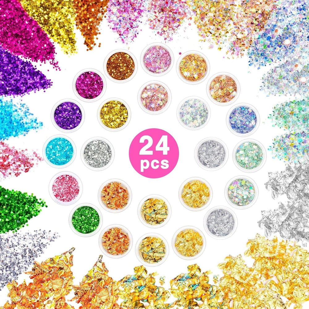 24 couleurs Glitzer Set avec Blattgold et Glitzerpulver, Nageldesign Zubehör Pailletten Basteln Nail Art Glitter Mit Pinsel pour Nägel Gesicht Körper DIY Nagelkunst Make Up