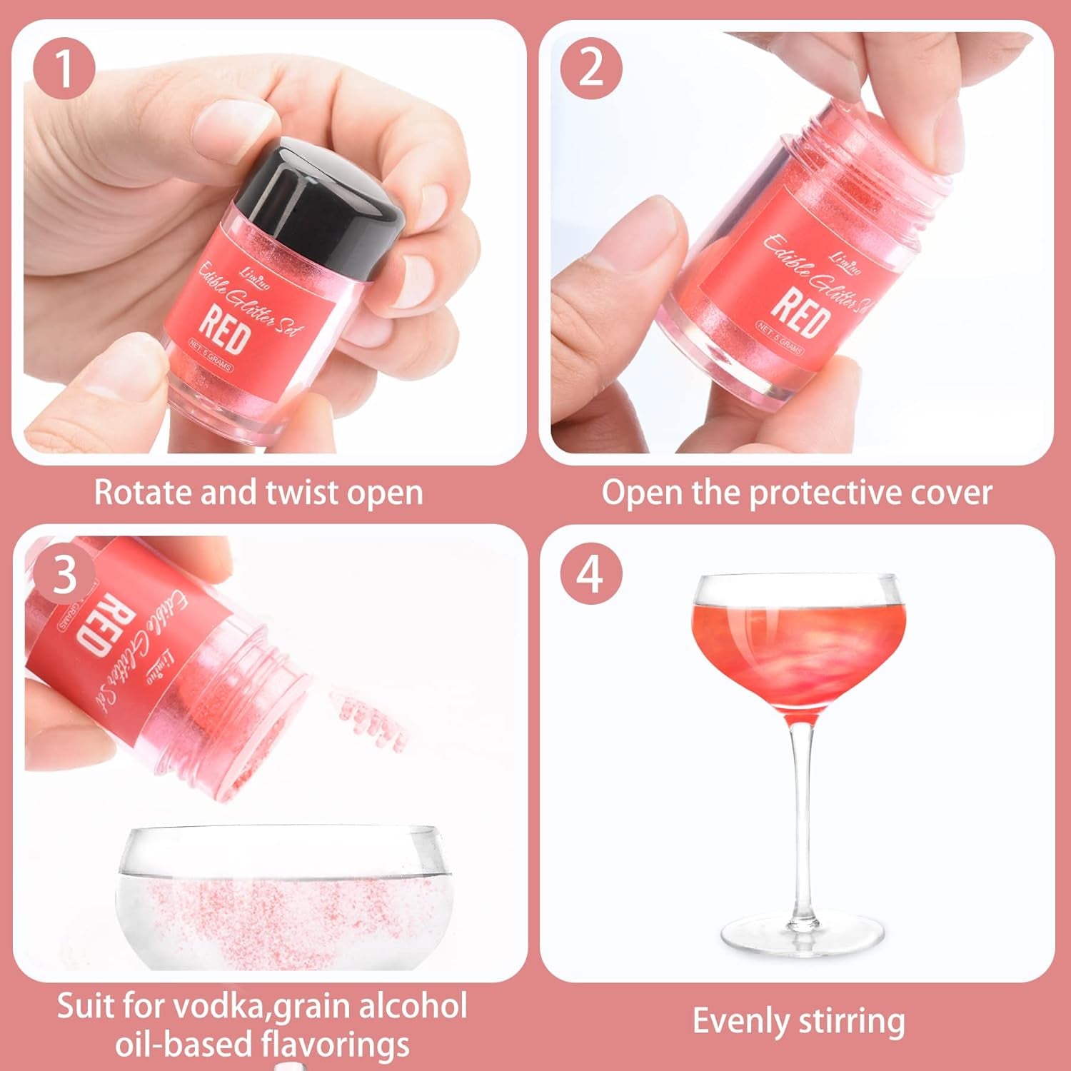 Paillettes comestibles – 4 couleurs de poudre de paillettes comestibles, poudre de paillettes en flacon pulvérisateur pour boissons, gâteaux, nourriture – poudre de paillettes métalliques, colorant alimentaire pour cocktails, fondant, biscuits, vin