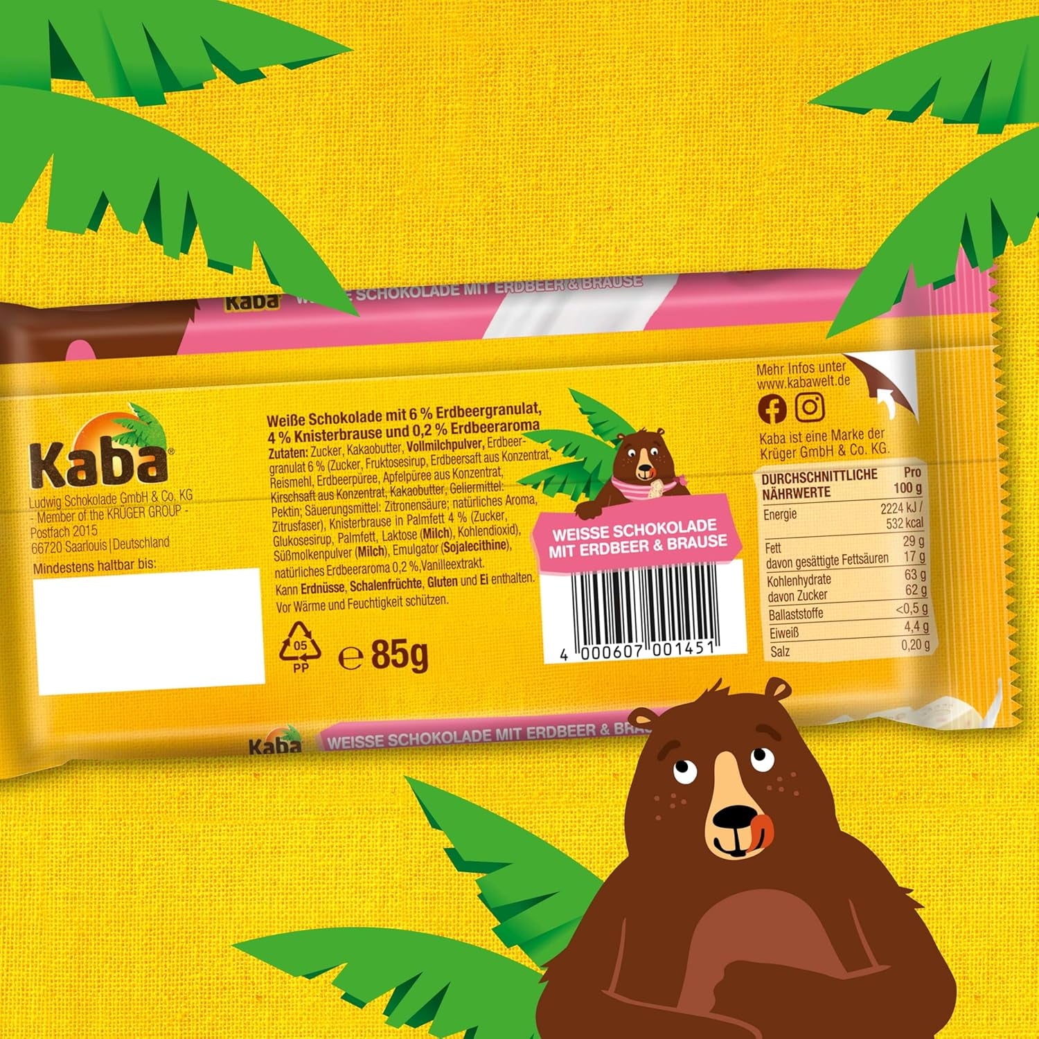 Kaba Chocolat Blanc au Goût Fraise et Bonbons Effervescents, Barre de Chocolat, Barre 85g, Chocolat Blanc au Goût Fruité Fraise et Bonbons Effervescents au Goût Original Kaba (Pack de 3)