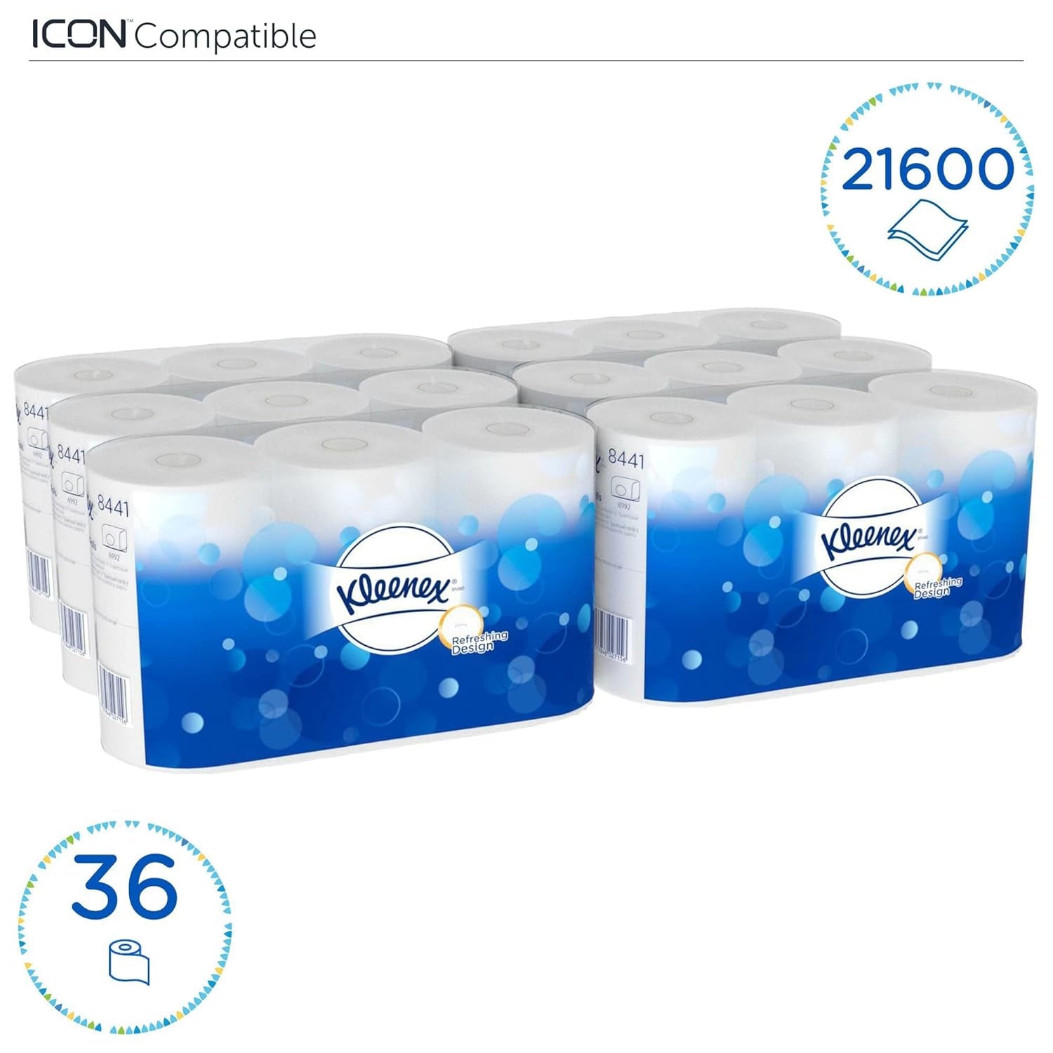 Kleenex Standard Roll 8441 Papier toilette – Papier toilette 2 épaisseurs – 6 paquets de 6 rouleaux x 600 feuilles chacun, blanc (36 rouleaux/21 600 feuilles au total)