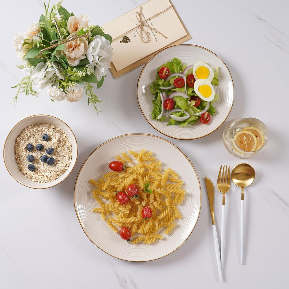 Service de table de la série Tempus, service de table pour 6 personnes, service de table en grès, service de table 18 pièces, vernis réactif, passe au micro-ondes et au lave-vaisselle, blanc antique