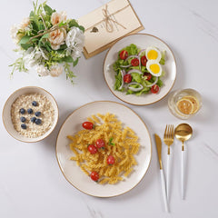 Service de table de la série Tempus, service de table pour 6 personnes, service de table en grès, service de table 18 pièces, vernis réactif, passe au micro-ondes et au lave-vaisselle, blanc antique