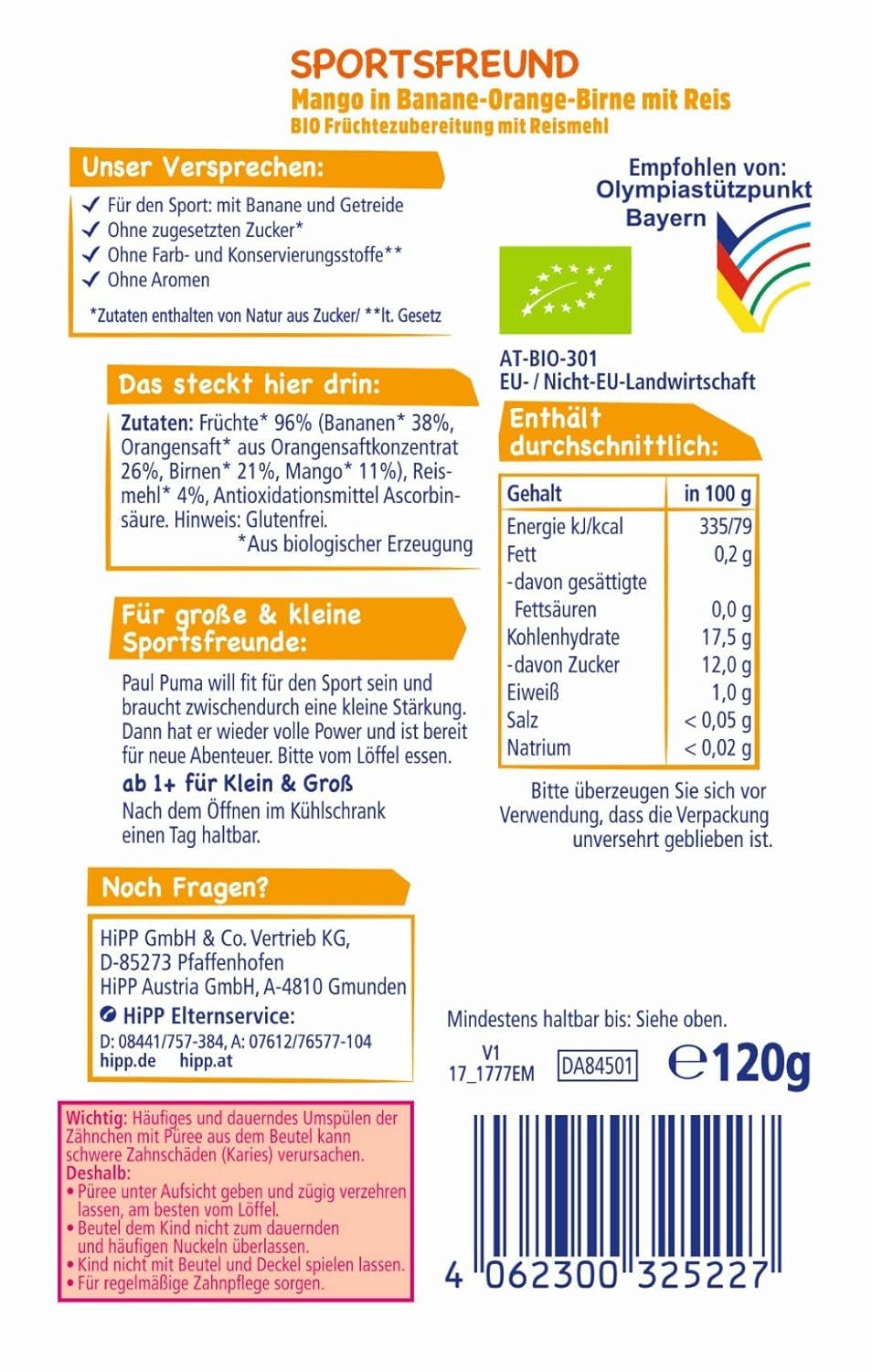 Sachets à presser Hipp, fruits 100% bio sans sucre ajouté, 6 X 120 grammes Mère et Enfant Naty Shop