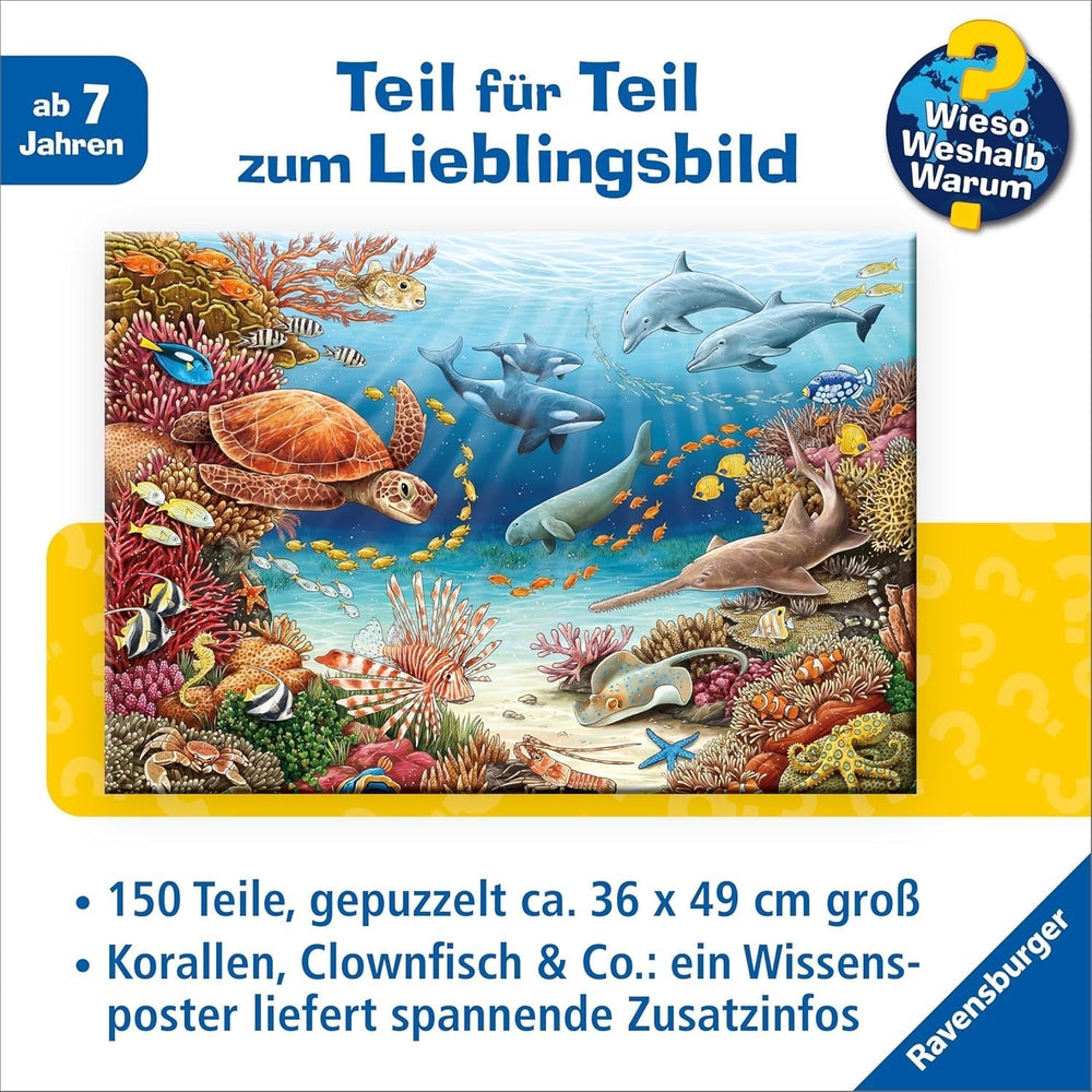 Puzzle pour enfants Ravensburger 13411 - Créatures marines sur la barrière de corail - Pourquoi ? Pourquoi? Pourquoi? Puzzle 150 pièces XXL + poster de connaissances, pour les enfants à partir de 7 ans Puzzle Naty Shop