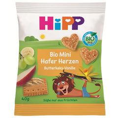 HiPP Mini Biscuits Avoine Cœur Vanille (12 x 40 g), dès 1 an, barre snack bio en forme de cœur, riche en céréales et en fibres, sucrée uniquement avec des fruits, de la meilleure qualité biologique