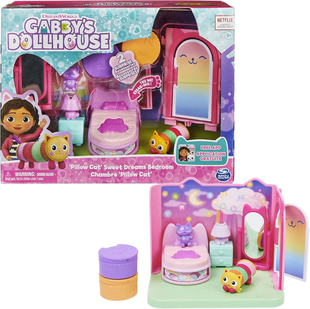 Gabby Dollhouse et Gabby Dollhouse Deluxe Room Sweet Dreams Oreiller de chambre à coucher en forme de chat moelleux et 3 accessoires 3 meubles et 2 boîtes surprises Convient aux enfants de 3 ans et plus
