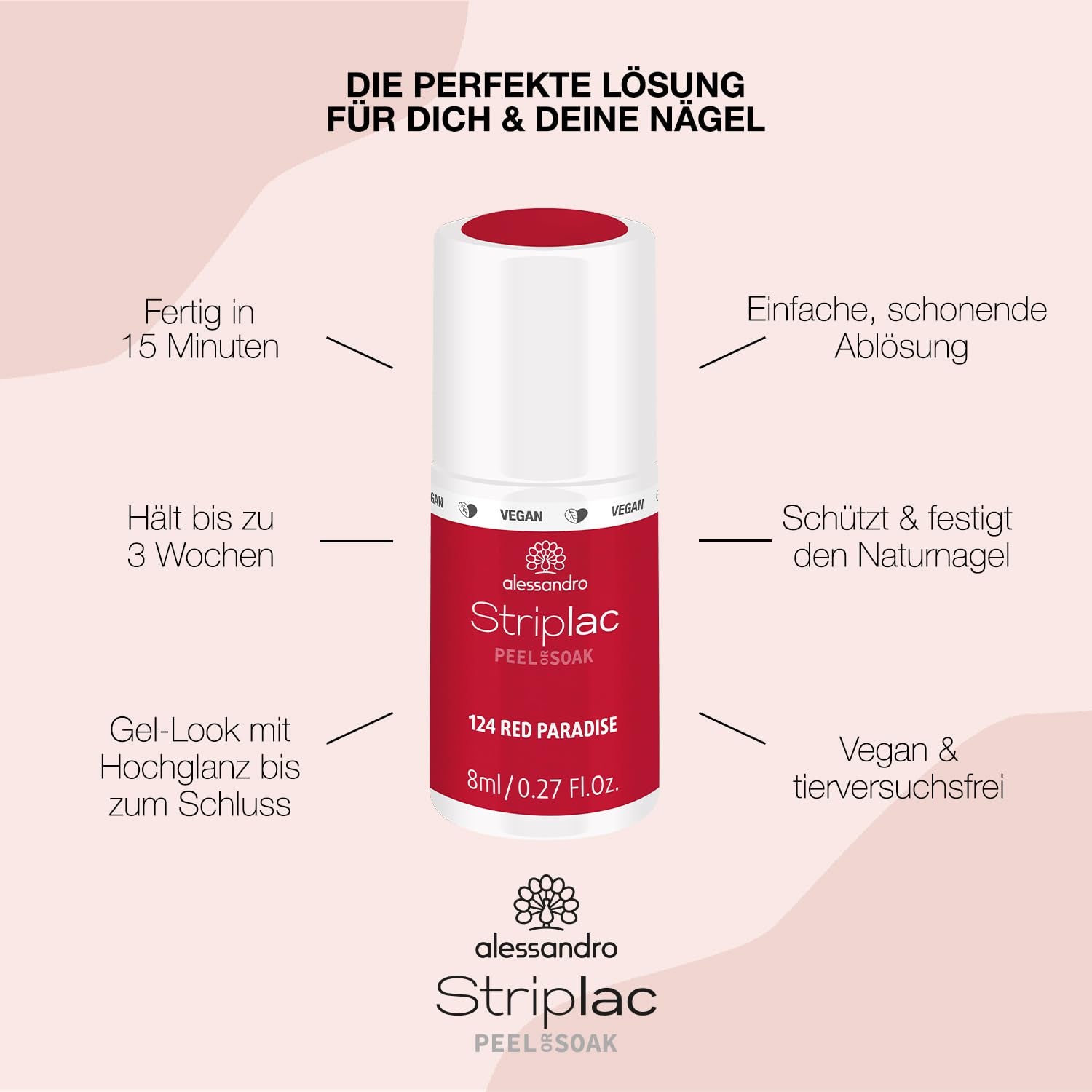 Vernis à ongles UV Alessandro Striplac Red Paradise - Délicat et longue tenue - S'enlève facilement grâce à la technologie de retrait - Vegan et cruelty-free - 8 ml