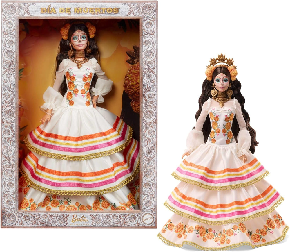 Barbie Signature Day of the Dead 2025 - Figurine de collection en robe crème avec volants, soucis et nœuds, couronne de fleurs dans les cheveux et peinture pour le visage Calavera, JBJ05