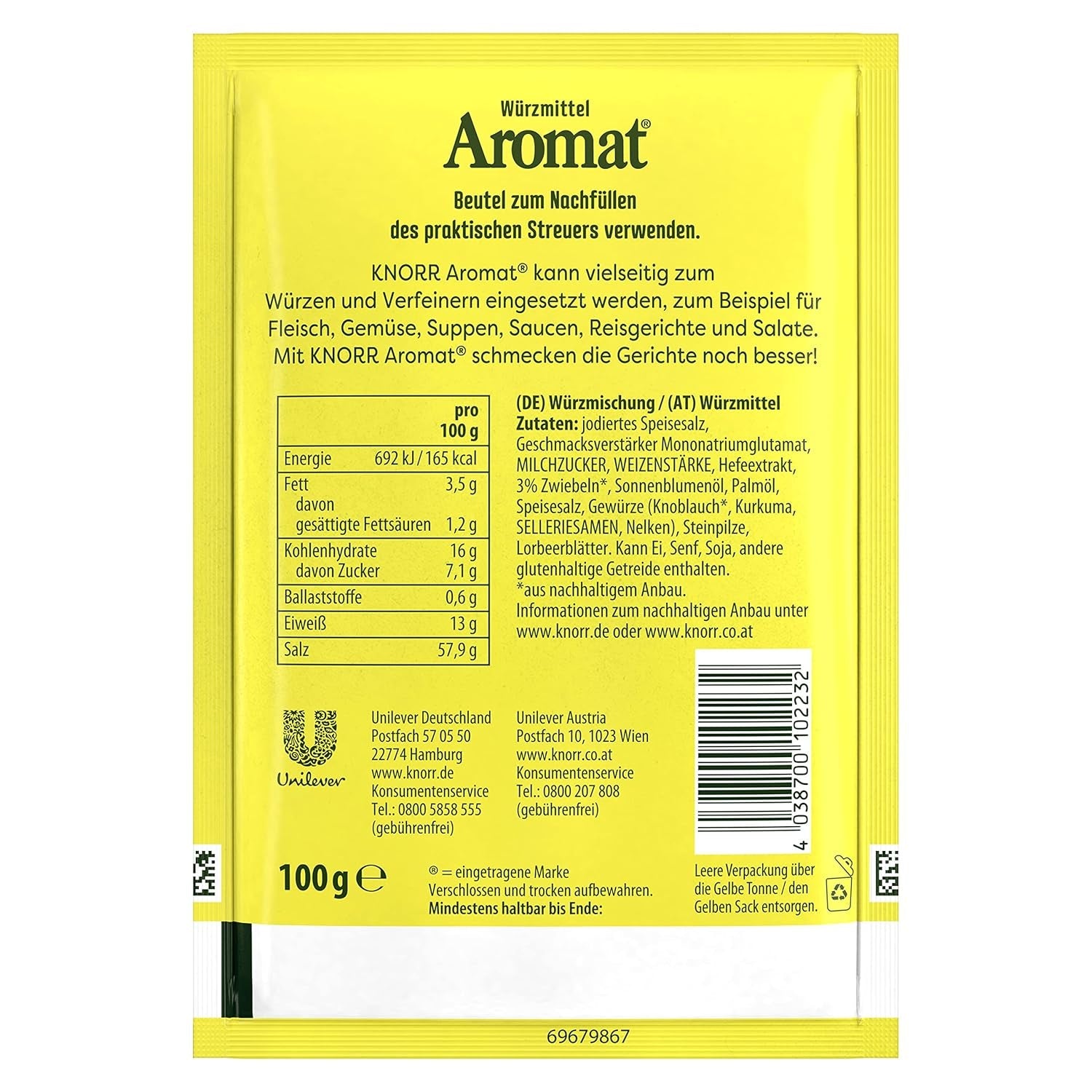 Knorr Würzmittel Nachfüllpackung Aromat Gewürzmischung zum Verfeinern von Speisen für schnelle Gerichte 100 g 1 Stück