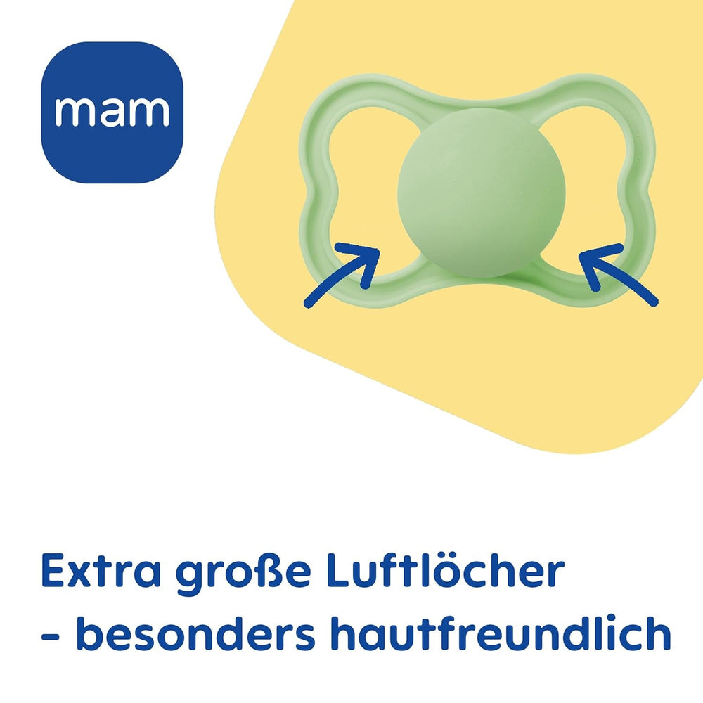 MAM Air Lot de 2 Sucettes en Silicone Extra Légères et Aérées Sucette pour Bébé Respectueuse des Dents en Silicone Spécial MAM SkinSoft avec Boîte à Sucette 6-16 Mois Ours/Rhinocéros