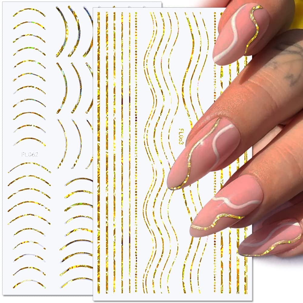 12 feuilles d'autocollants pour ongles auto-adhésifs lignes pailletées laser autocollants holographiques rayures bronze autocollants pour ongles ligne française arcs incurvés lignes ondulées autocollants pour ongles accessoires de nail art