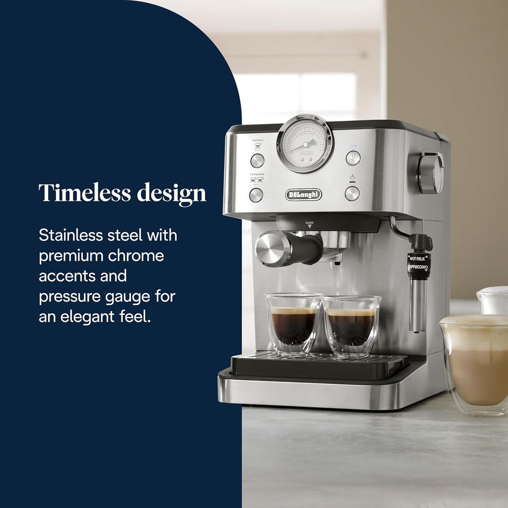 De'Longhi Classic EM450.M Machine à expresso porte-filtre avec mousseur à lait professionnel, boîtier entièrement métallique, 15 bars, réservoir d'eau 1,7 l, acier inoxydable/métal