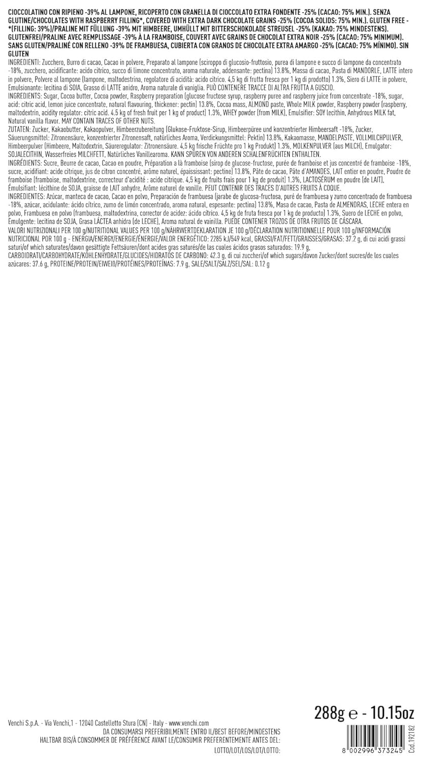 Venchi - Coffret Cadeau Murrine Chocolat Framboise Praliné, Chocolat Noir, 288g, Sans Gluten, Sans Colorants Artificiels, Sans Conservateurs - Idée Cadeau Parfaite