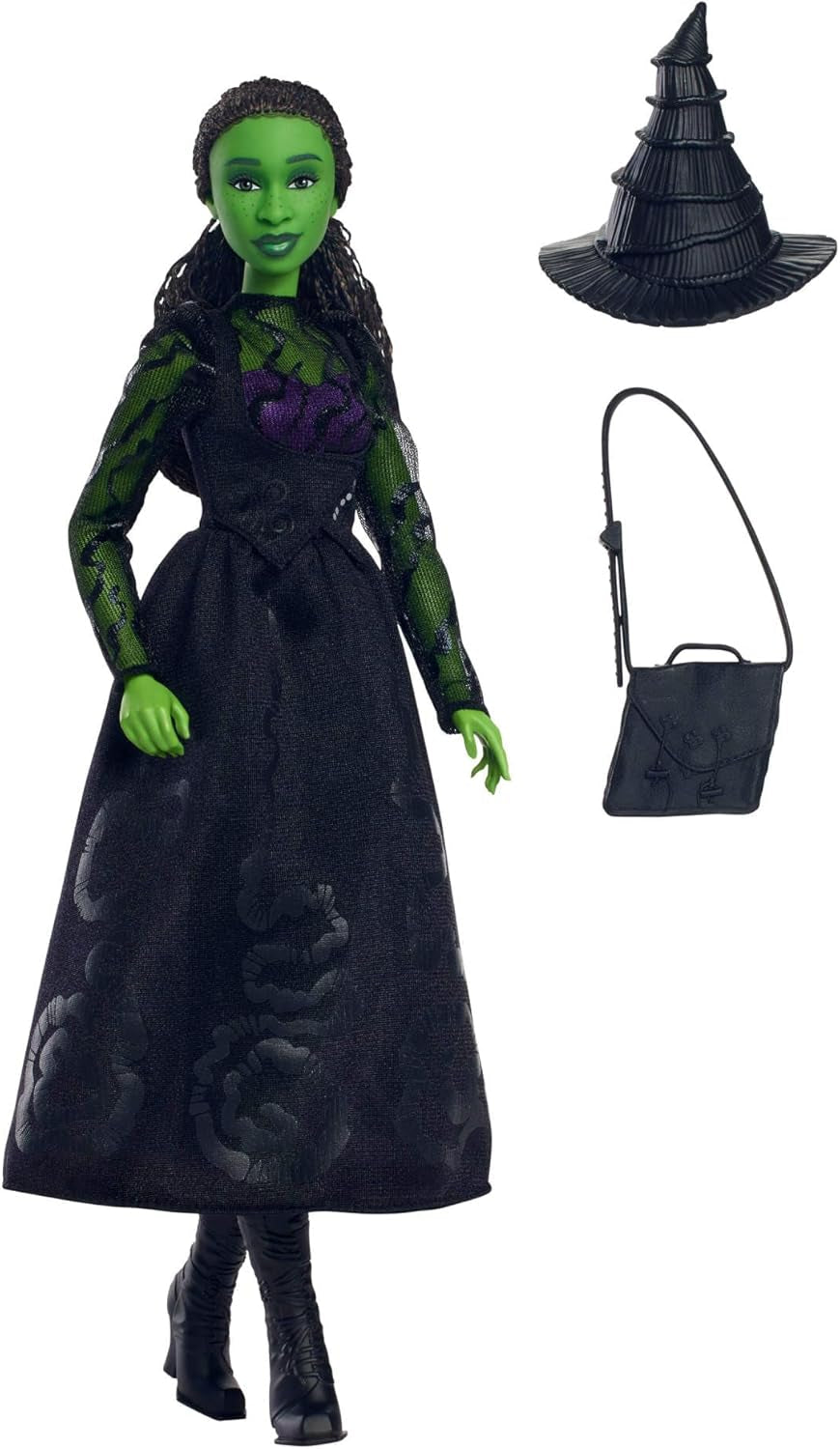 Mattel Wicked Elphaba Poupée mannequin et accessoires avec peau verte, cheveux tressés noirs, diverses poses possibles et apparence de robe de bal extensible, HXT62, [Multicolore] Naty Shop Dolls