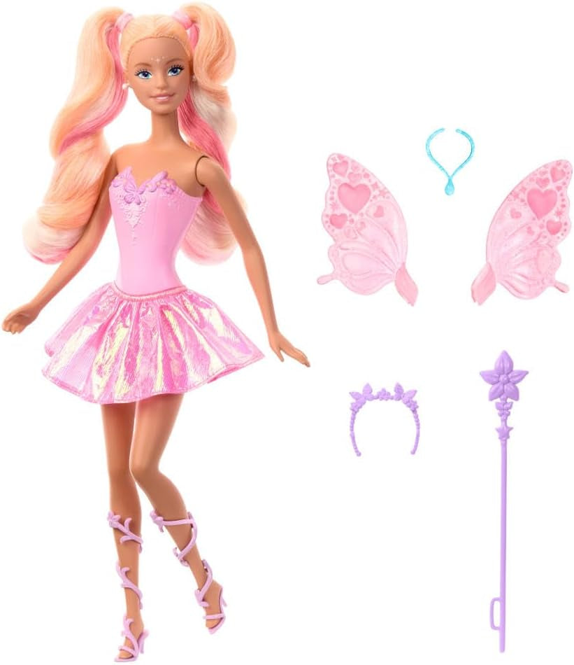 Mattel Poupée Barbie avec baguette magique et accessoires de mode, thème fantastique avec ailes et tenue changeante de couleur, JCP76, [multicolore]