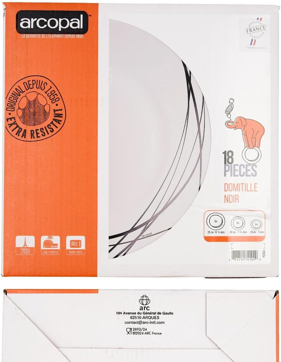 Service de table en verre opale extra résistant pour 6 personnes, sans BPA, 18 pièces