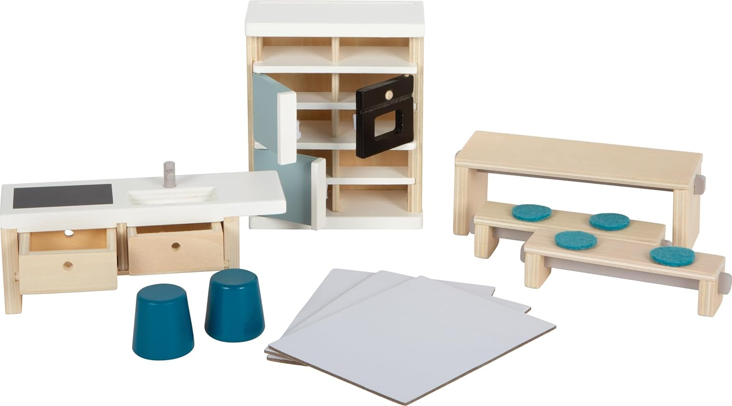 Small Foot Maison de poupée en bois de couleur naturelle – Toit-terrasse à 3 niveaux et ensemble de meubles de 51 pièces encourage le jeu créatif, convient aux enfants de 3 ans et plus, 12541