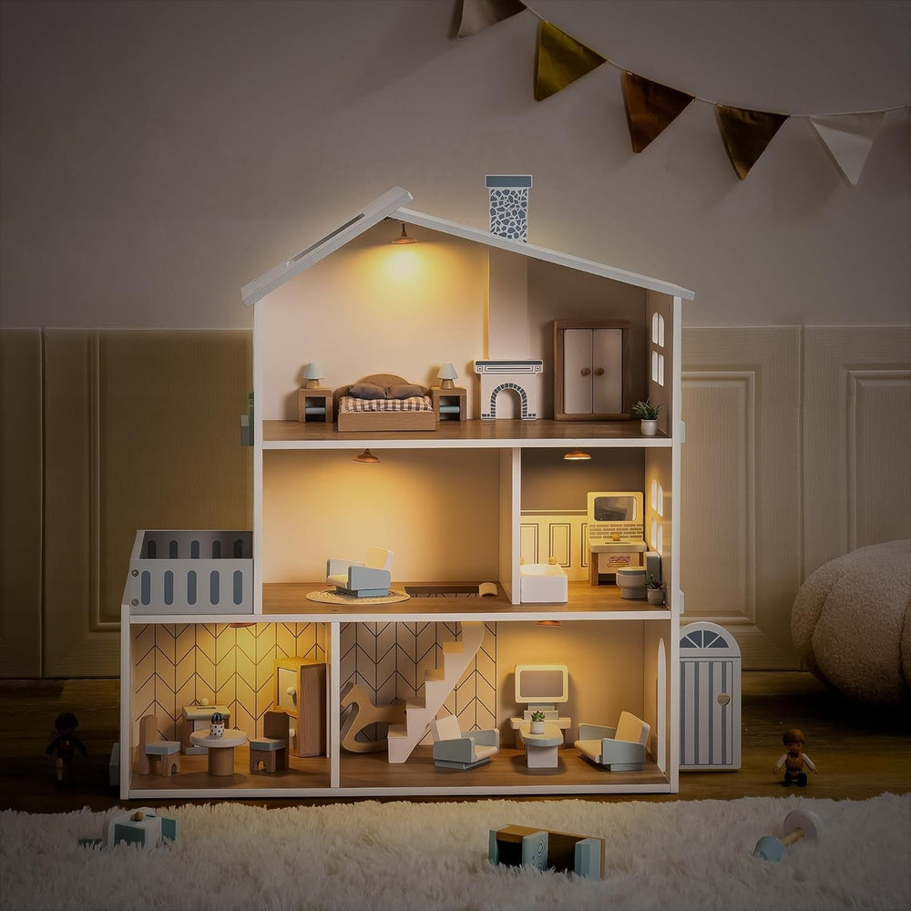 Maison de poupée en bois avec lumières, 3 étages, meubles et escaliers inclus, jouet pour maisons de poupées à partir de 3 ans Naty Shop