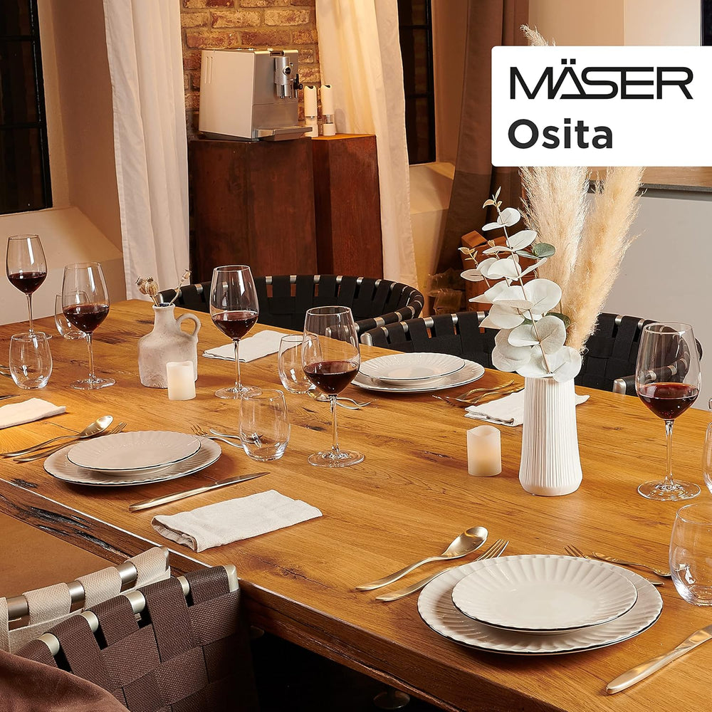 MÄSER 931967 Osita Retro Series Service de table Wave pour 6 personnes, service de table rond 18 pièces, assiettes plates, assiettes à dessert et bols à céréales, céramique, blanc crème