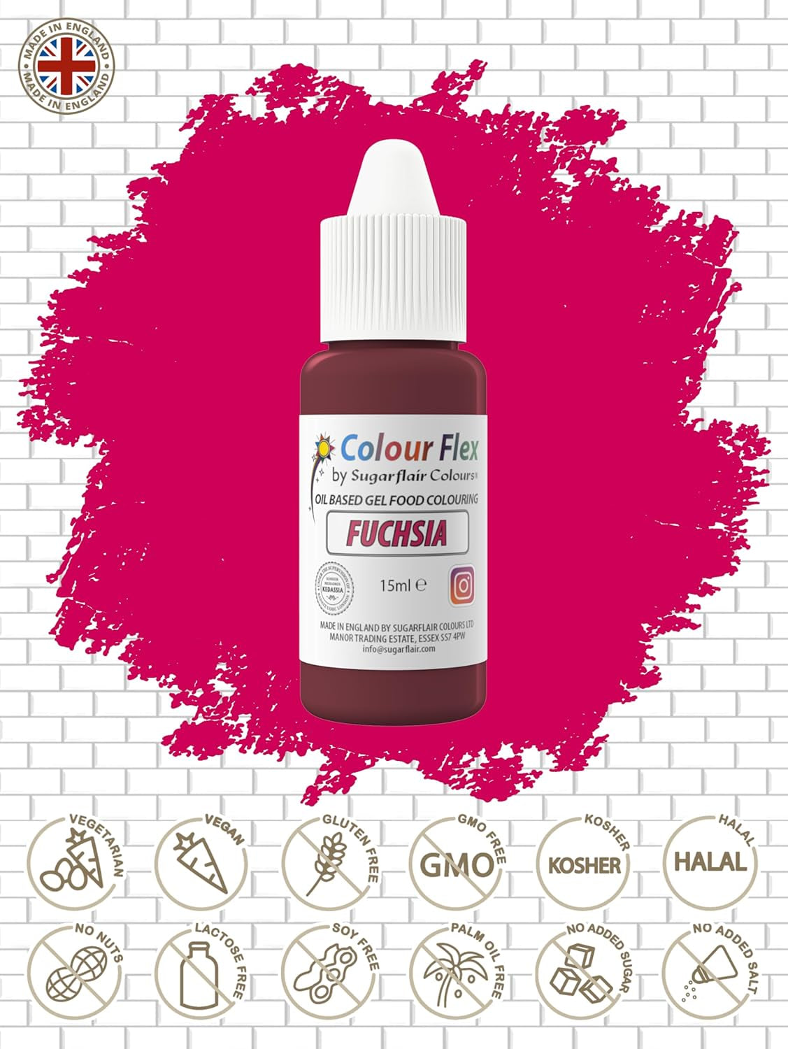 Colorant alimentaire à base d'huile Sugarflair Colourflex Fuchsia, colorant alimentaire liquide hautement concentré, colorant alimentaire pour crème au beurre, chocolat, pâte, fondant, glaçage et plus encore - 15 ml