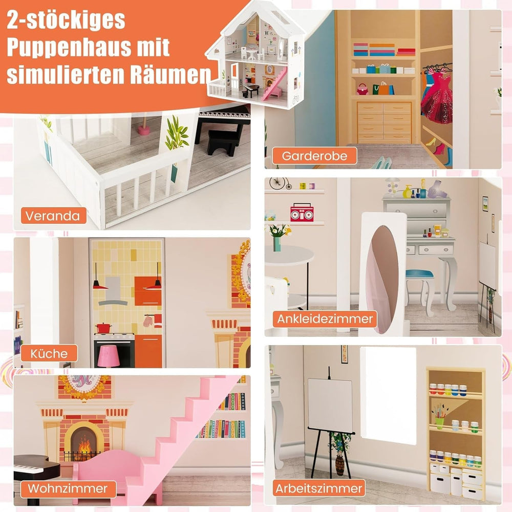 FANTASK Maison de poupée en bois, maison de poupée à 2 étages avec accessoires et meubles, jouet pour poupées de 28 à 36 cm, maisons de poupées à partir de 3 ans Naty Shop