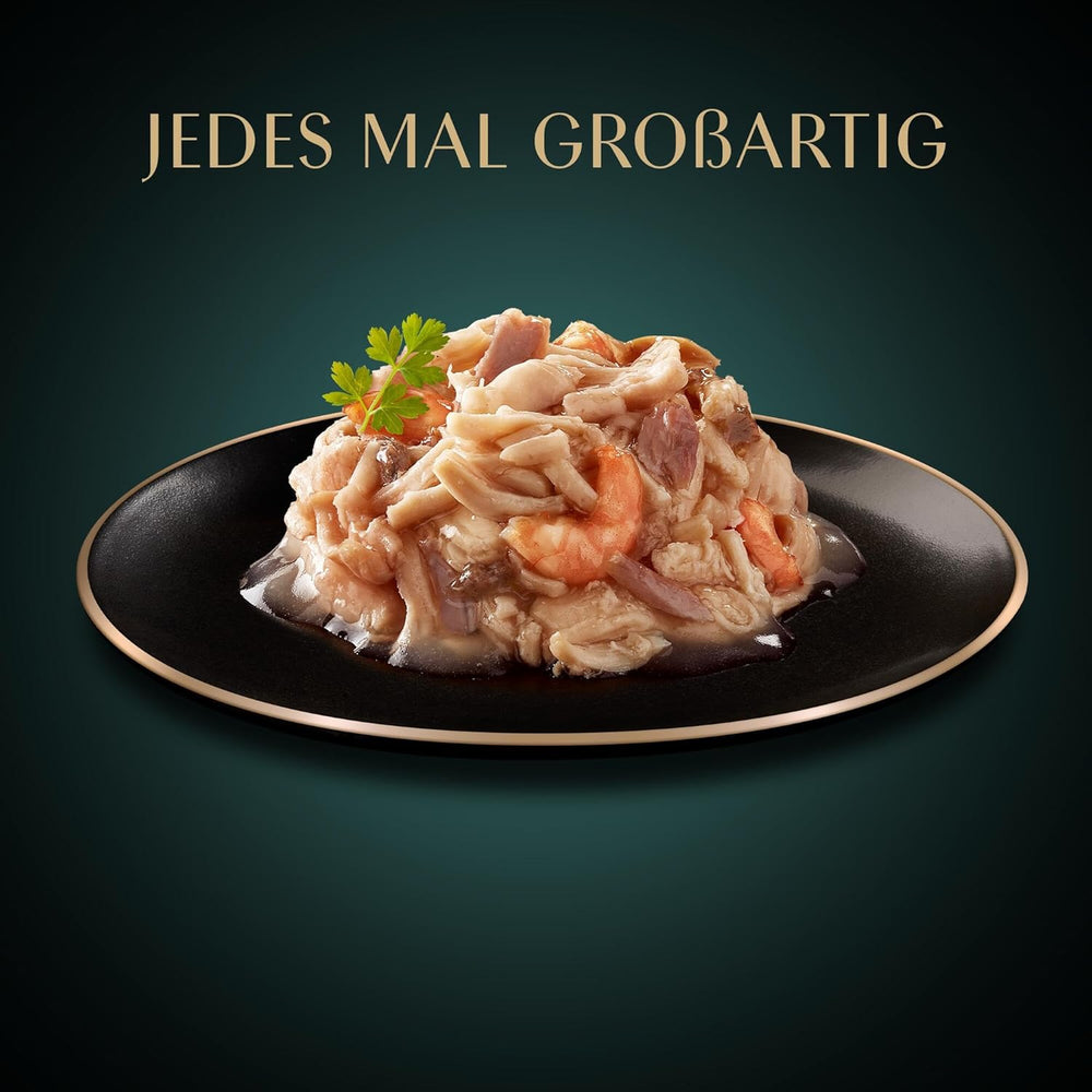 SHEBA Filets Adult Katzenfutter en Sauce au Poulet, Hochseefisch et Garnelen 16 x 60g Coquille