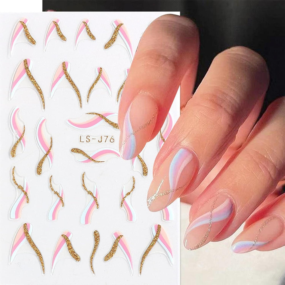 JMEOWIO Nagelsticker Französische Tipp 9 Blatt Nail Art Sticker Selbstklebend Nagelaufkleber Glitzer Wellenlinie Dekoration Nageldesign Zubehör