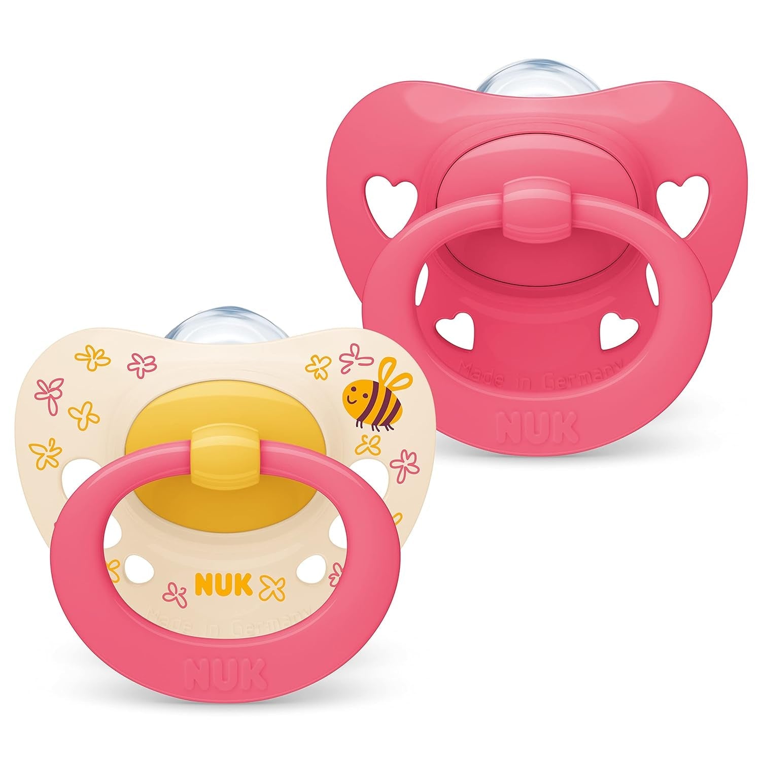 Sucettes NUK Signature pour bébés | 0-6 mois | Calme 95 % des bébés | Sucettes en silicone en forme de cœur sans BPA | Avec couvercle | Coeurs roses | Paquet de 2