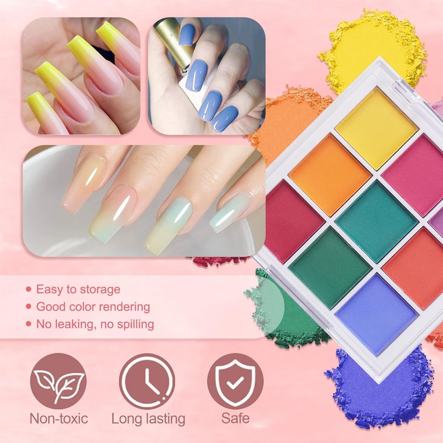 9 couleurs pigment pour ongles, poudre à ongles en poudre, 100 pièces de poudre pour nail art avec poudre métallique, poudre de poudre ombrée pour décoration d'ongles pour bricolage, B