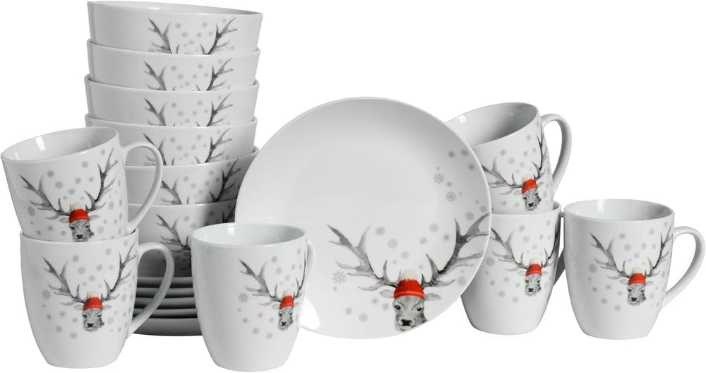 CreaTable, 21498, série Luna Hirsch, service de table 18 pièces pour 6 personnes, service de petit-déjeuner en porcelaine, passe au lave-vaisselle et au micro-ondes, fabrication de qualité
