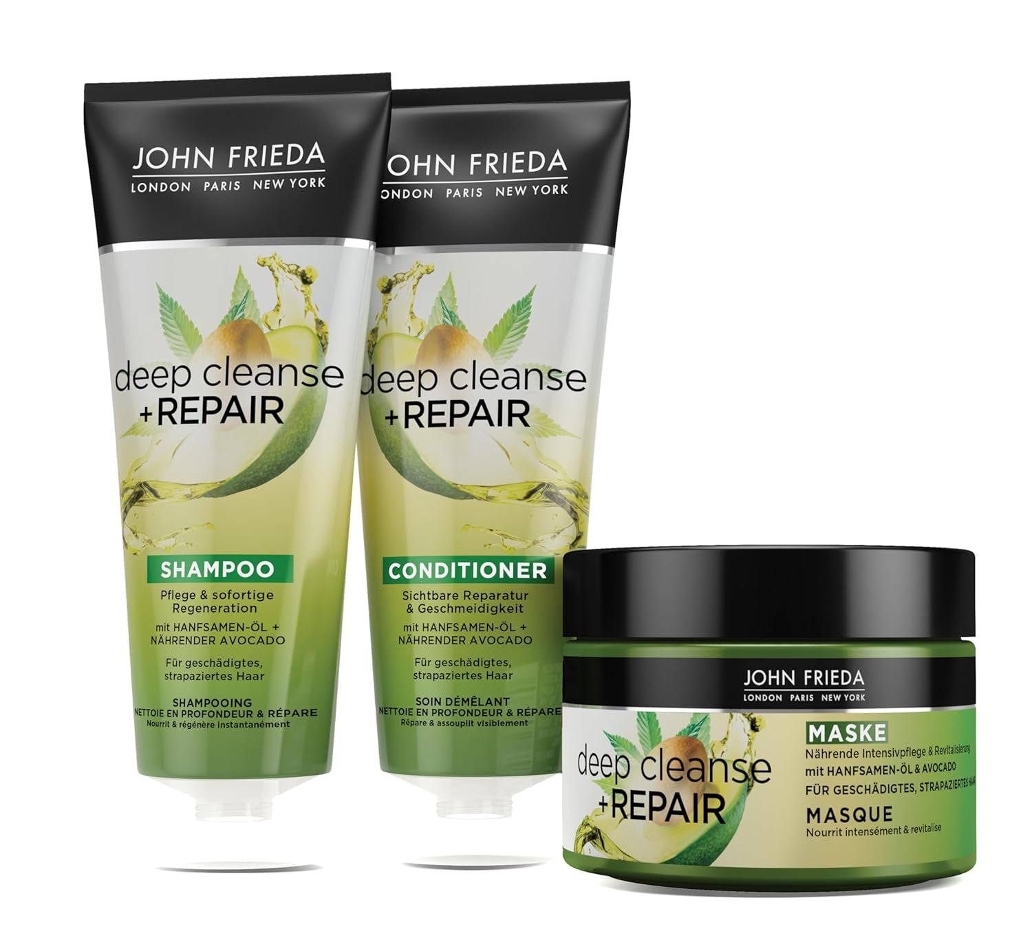 John Frieda - Masque / Traitement Deep Cleanse & Repair - Contenu : 250 ml - Avec huile de graines de chanvre + avocat nourrissant - Masque capillaire apaisant pour cheveux abîmés Masque capillaire Naty Shop