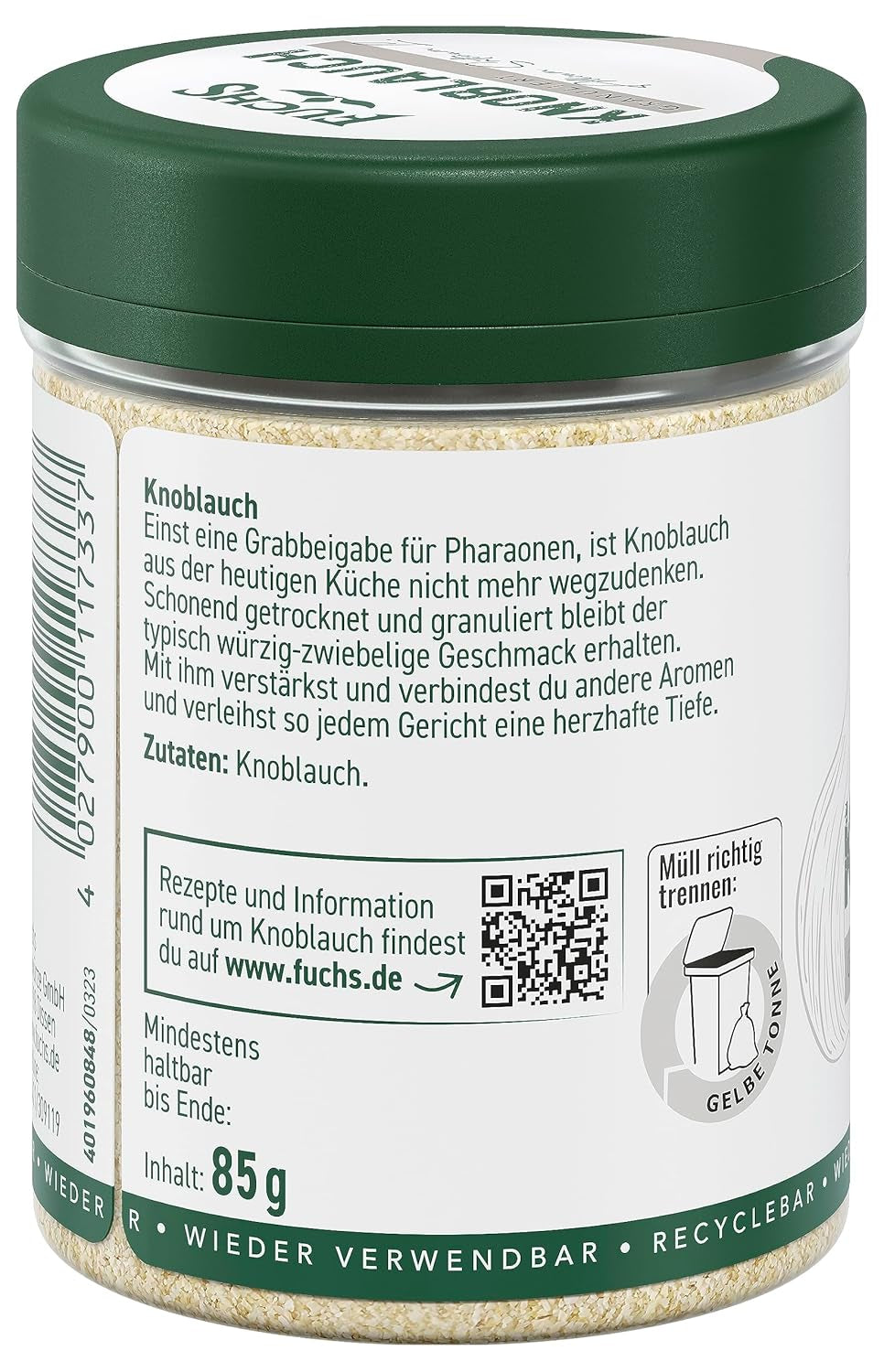 Fuchs Gewürze - Ail granulé - würzig-zwiebliger Geschmack für Tzatziki, Knoblauchbutter oder Gemüsegerichte - ingrédients naturels - 85 g en wiederverwendbarer, recyclebarer Dose