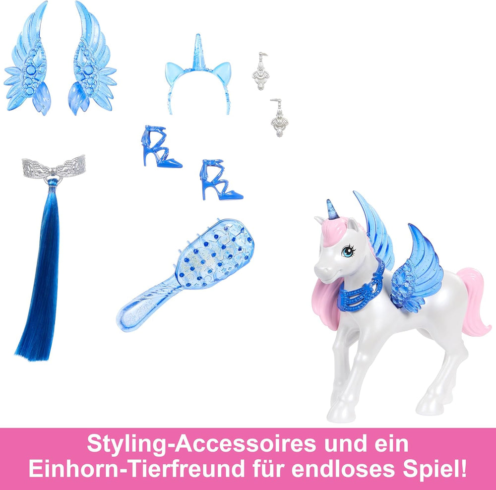 Barbie Hidden Magic - Poupée Licorne, Robe Rose avec Détails Bleu Saphir, Bandeau Licorne, Ailes et Queue Saphir Amovibles, 3 Ans et Plus, HRR16