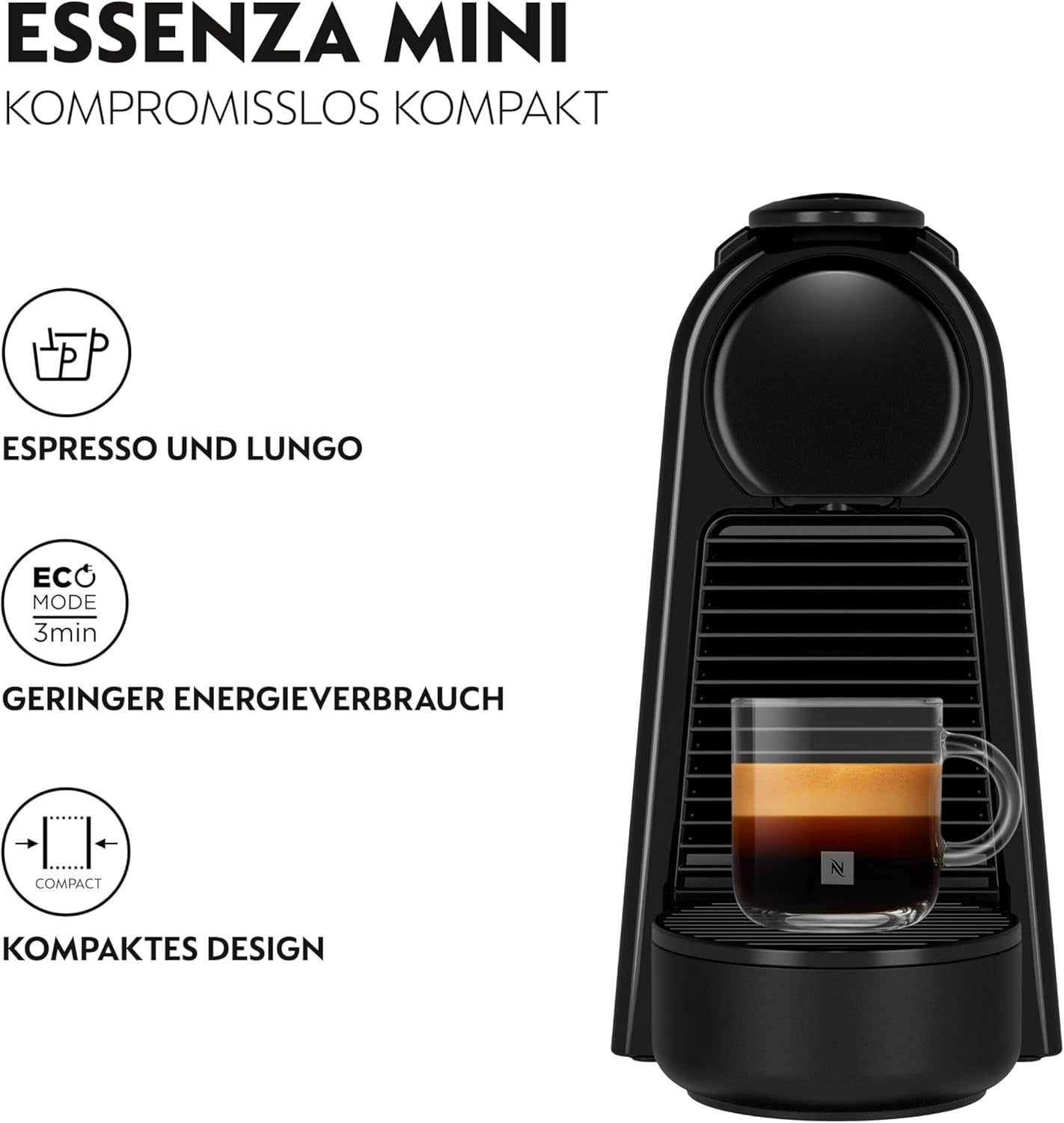 Machine à expresso avec capsules Nespresso De'Longhi Essenza Mini, noir | Pression de la pompe 19 bars | Réservoir d'eau 0,6 l | Pour expresso et poumon | Petite machine à expresso – De bons moments café | EN85.B
