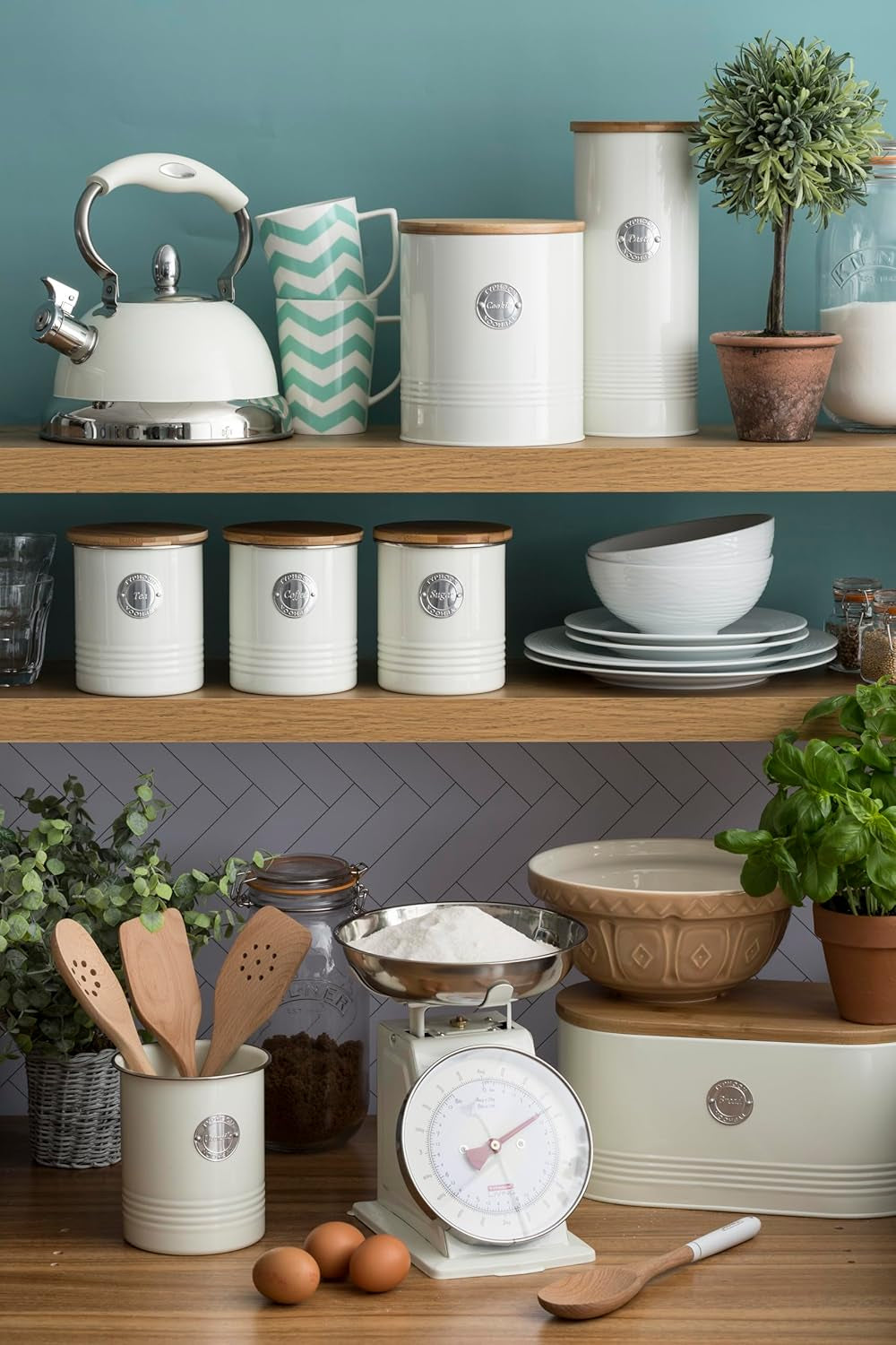 Collection LIVING, sucrier avec couvercle | pastel crème | boîte de rangement 1 L cuisine pour sucre | sucrier en acier avec couvercle | Bocaux de conservation hermétiques en bambou avec couvercles Naty Shop Boîtes de conservation des aliments