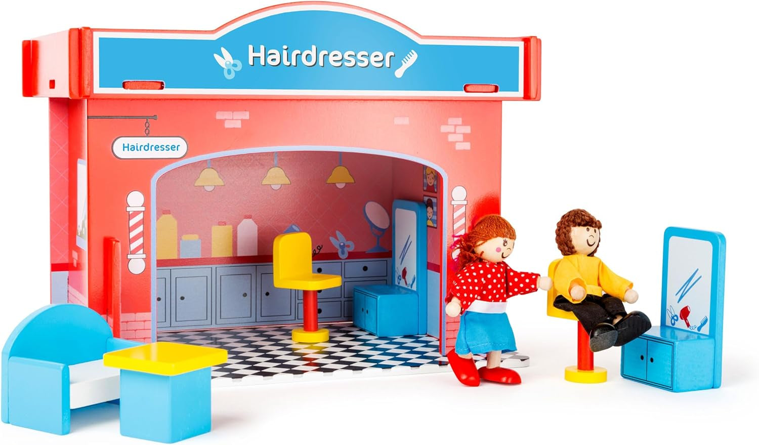 Small Foot 10852 Playhouse Restaurant En bois, Avec 2 figurines de poupée, accessoires et toit amovible, À partir de 3 ans Maisons de poupées Naty Shop Salon de coiffure