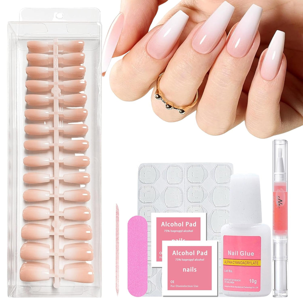Ensemble d'ongles carrés dégradés de 240 pièces, ongles artificiels dégradés de blanc nu pour colle à stylo à huile, faux ongles naturels ombrés moyens pour femmes à faire soi-même (carré nu)