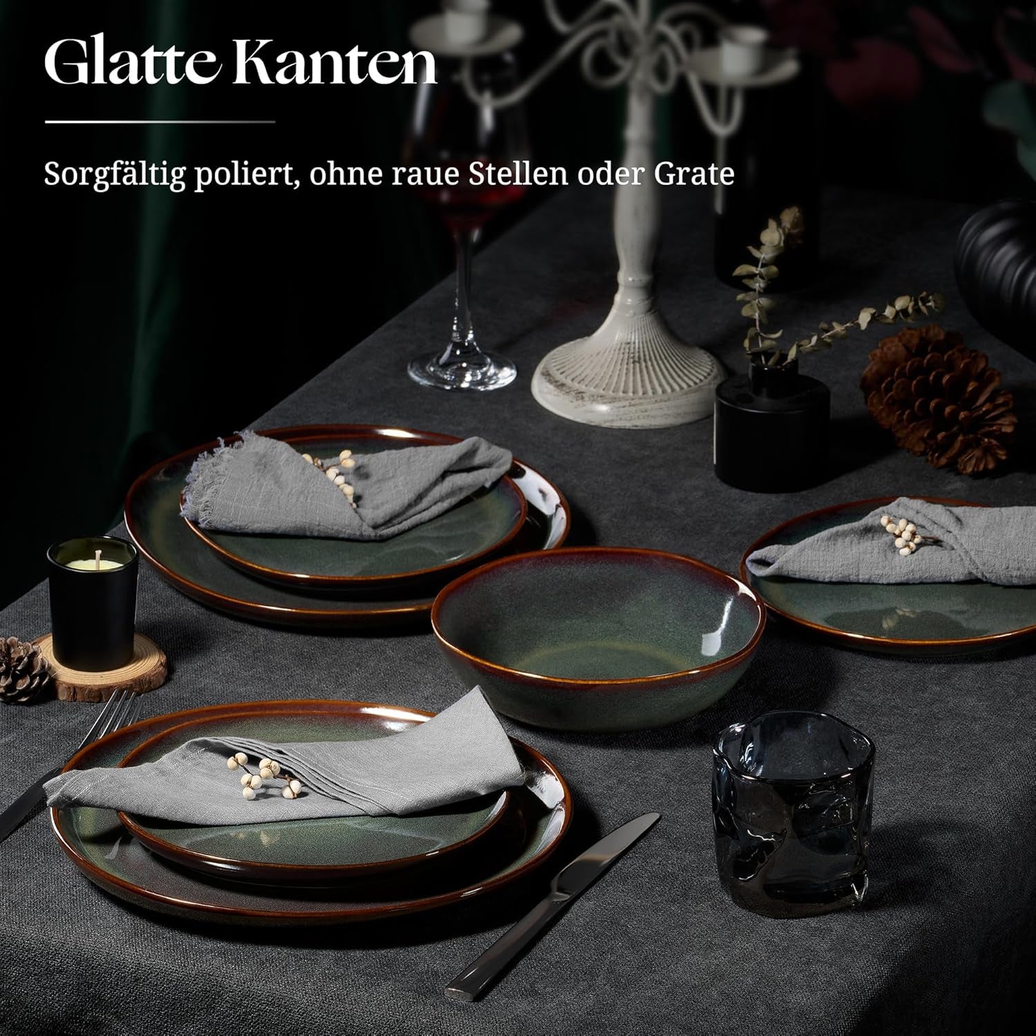 Service de table pour 6 personnes, 18 pièces, bols à céréales ronds irréguliers, assiettes à dessert, assiettes plates, résistant aux rayures, passe au micro-ondes, vert mousse réactif