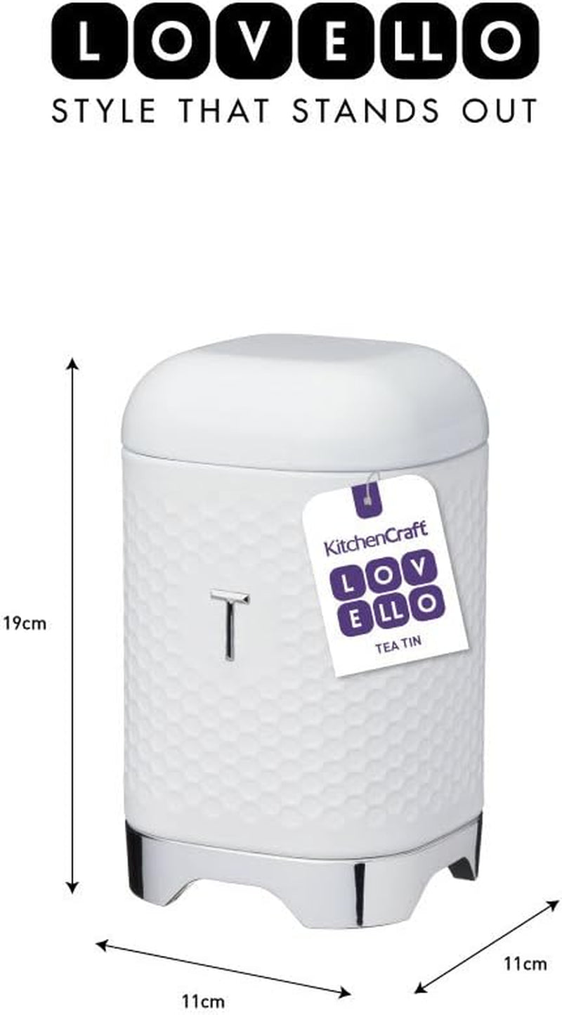 KitchenCraft Lovello Boîte à thé en acier blanc avec surface texturée style années 1950 avec couvercle pour thé en vrac et sachets de thé 11 cm x 11 cm x 19 cm Blanc glacé Naty Shop