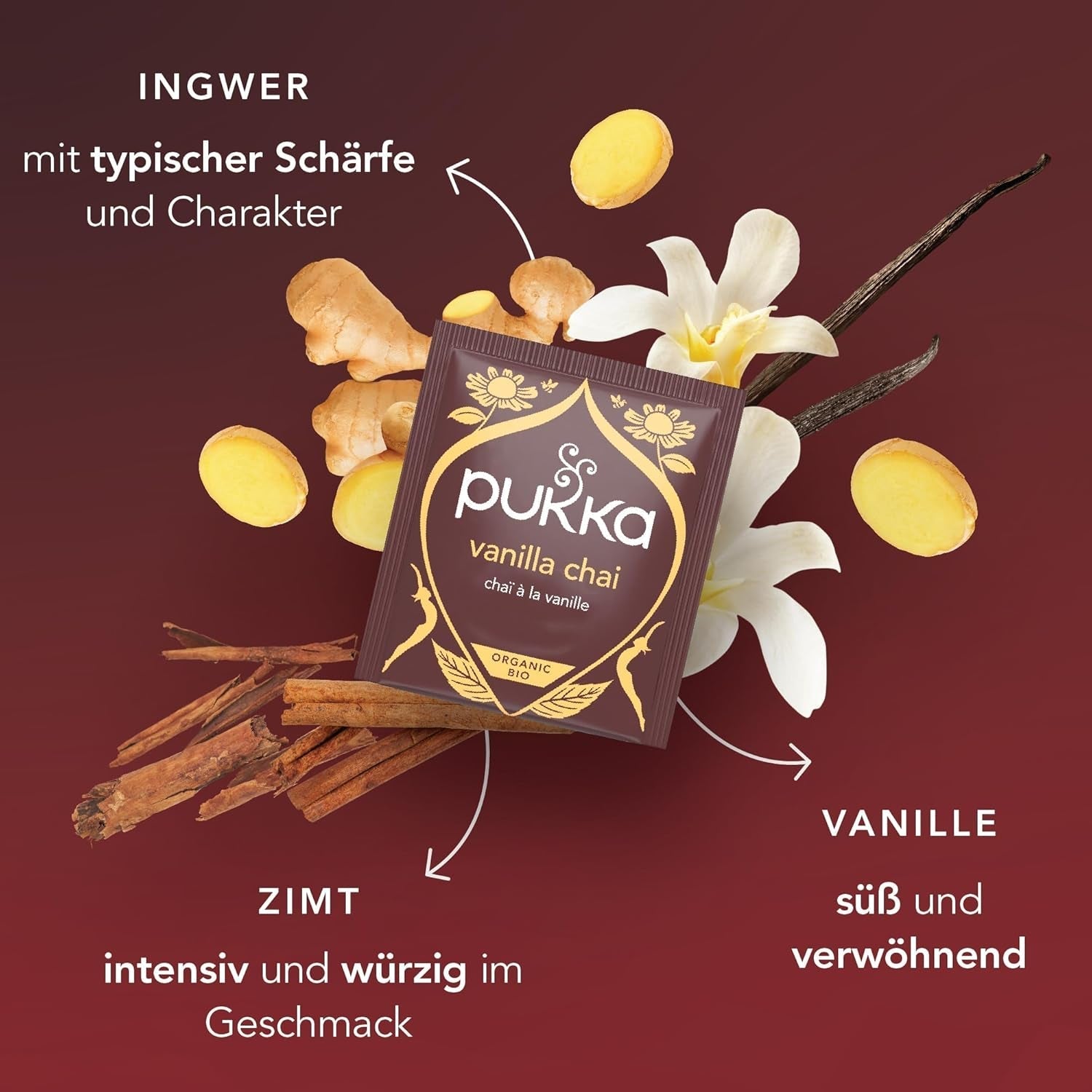 Poukka | Mélange de thés aromatisés bio "Vanilla Chai" | Cannelle, gingembre et vanille | Thé pour une gourmandise à la douceur naturelle | Paquet de 1 | 20 sachets de thé