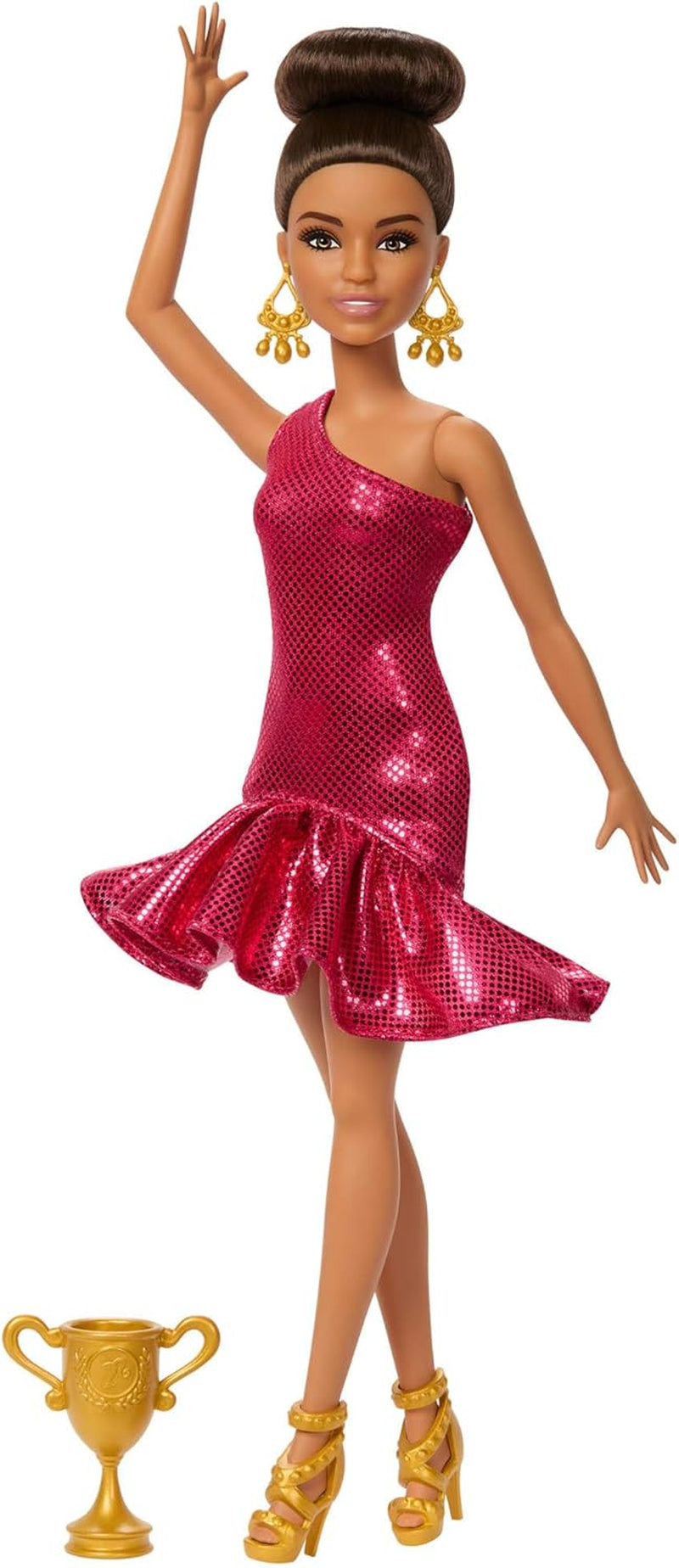 Papusa Barbie dansatoare de moda cu rochie rosie cu volane, pantofi de dans, par castaniu si accesorii trofeu de dans, JFR09 Papusi Naty Shop Titlu implicit