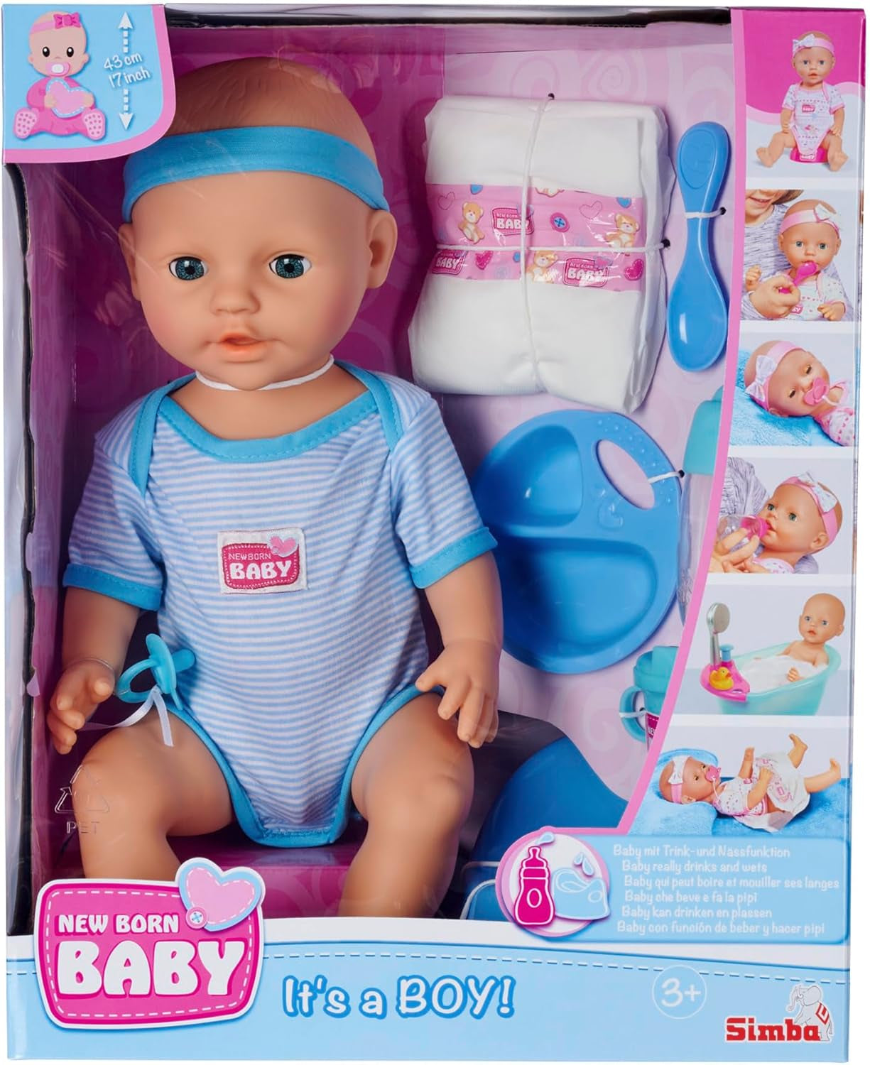 Simba 105030044 - New Born Baby Puppen-Junge, Vollvinylpuppe mit Schlafaugen, Trink- und Nässfunktion und Zubehör, 8 Teile, 43cm, Babypuppe, ab 3 Jahre