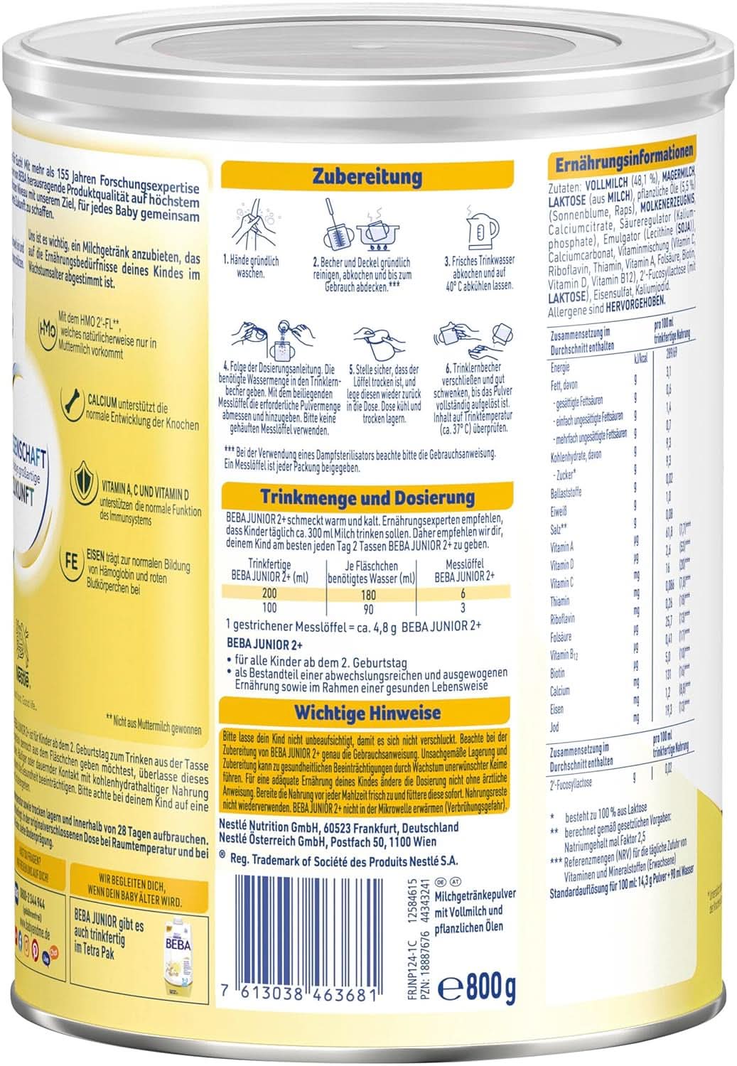 Nestlé BEBA Junior 2+, à partir du 2ème anniversaire, nourriture pour bébé avec HMO 2'-FL, uniquement du lactose, sans huile de palme, pack 3 (3 x 800g) Mère et Bébé Naty Shop
