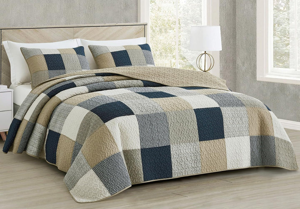 Chezmoi Collection Addy Patchwork Quilt Set Coton Prélavé Léger Réversible Toutes Saisons Surdimensionné 3 Pièces Marine Blanc Gris Taupe Plaid Quilts & Quilts Naty Shop Plaid Square Patchwork Taupe Oversize King