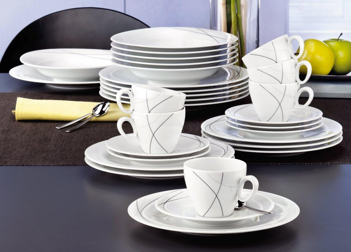Seltmann Weiden 001.706904 Trio Highline Service de table combiné, 30 pièces, 36,5 x 31,2 x 36,9 cm, Blanc