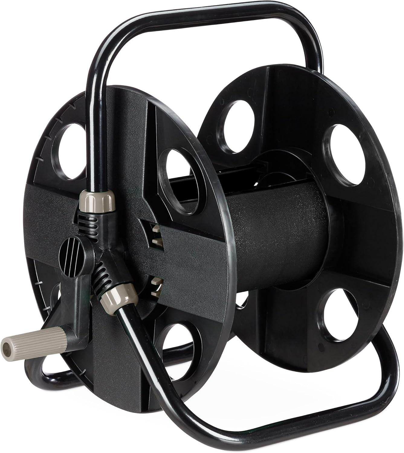 Enrouleur de tuyau Relaxdays, pour tuyau 30 m 1/2", acier, plastique, support de tuyau, HL : 38 x 42 x 31 cm, noir-gris