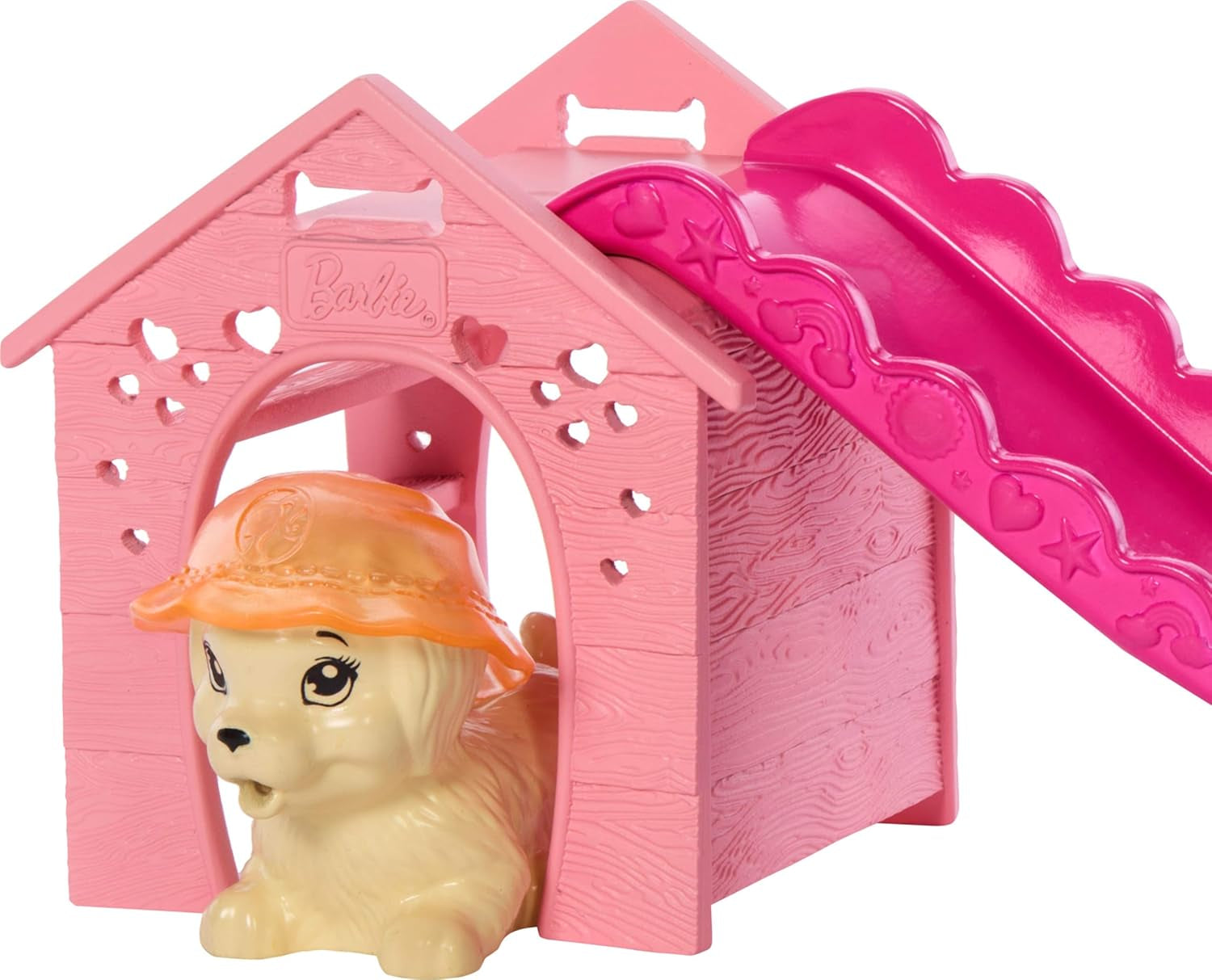 Barbie Puppy Pool Party Playset avec poupée tendance, niche pour chien et toboggan, piscine en forme de cœur, 2 figurines de chien, 6 accessoires et changeur de couleur, JBF35